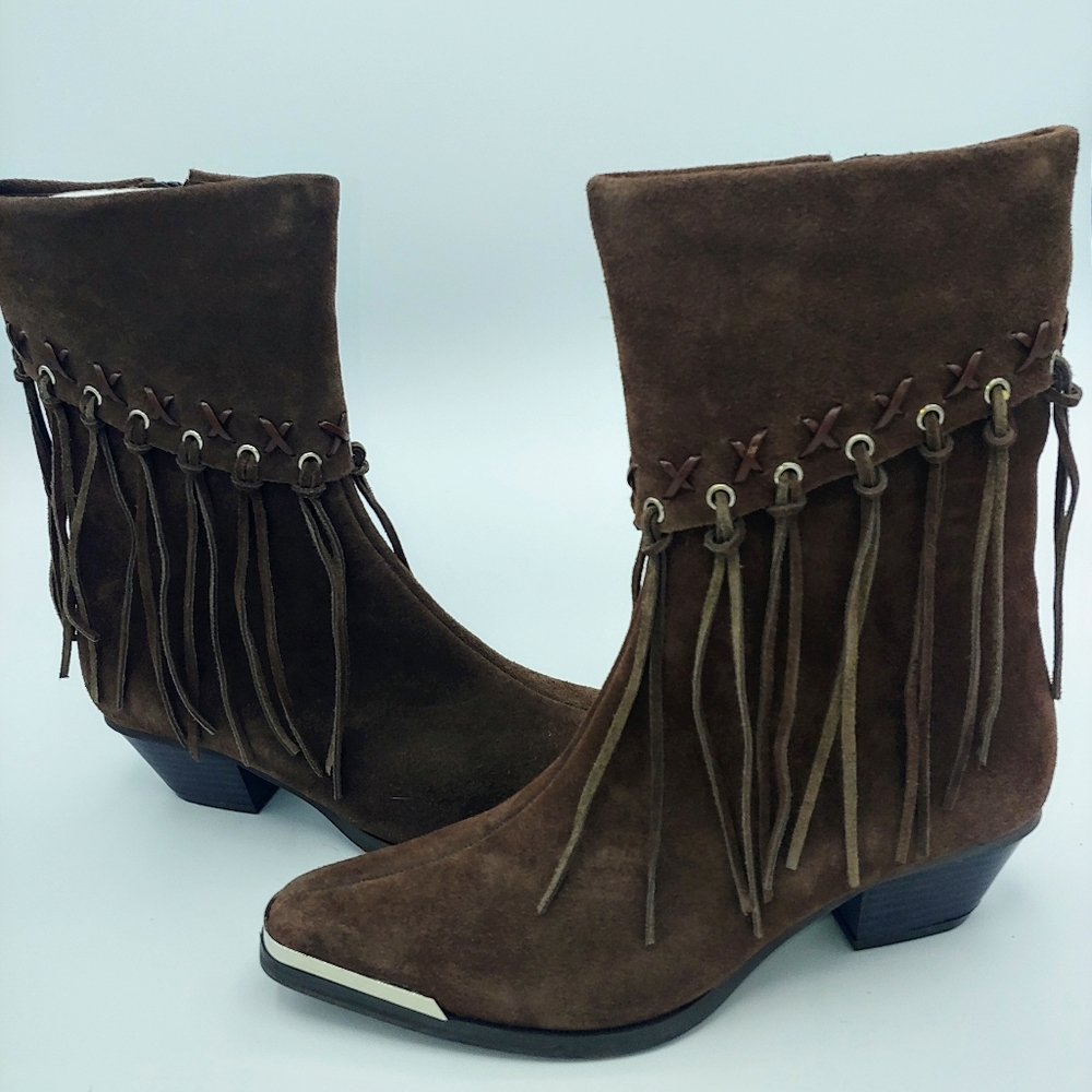 Cowgirl Boots Brown Zip Up Suede with Fringe